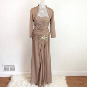 Franssical A-Line Ruched 2pcs Gown w/Bolero jacket tan color size 6